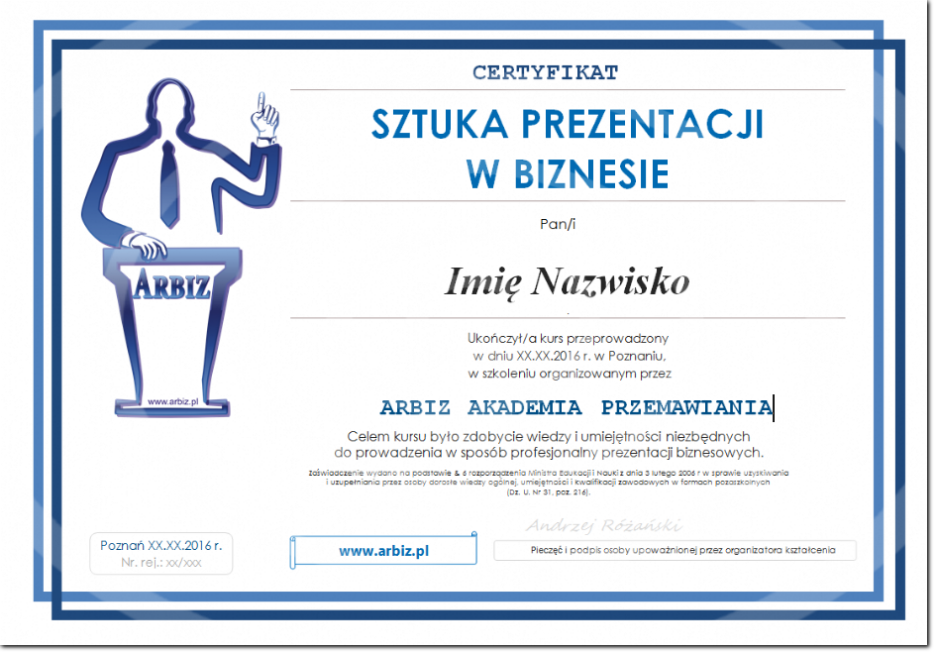 Certyfikat szkolenia "Sztuka prezentacji w biznesie" Certyfkat prezentera