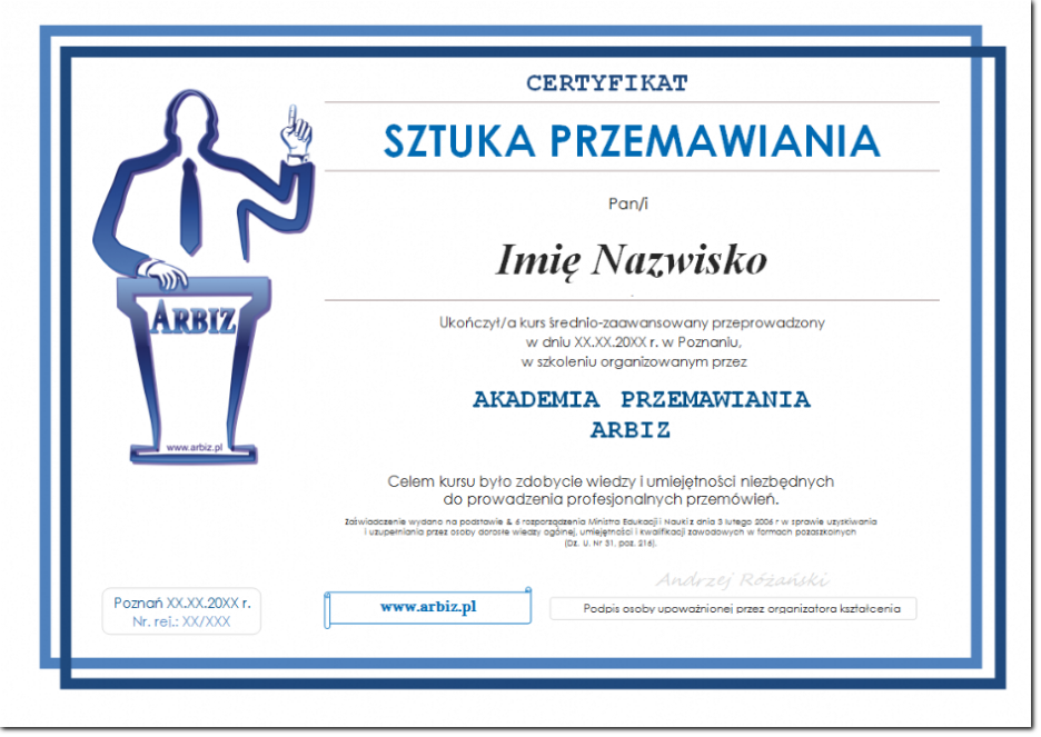 Certyfikat szkolenia Sztuka przemawiania Certyfkat mówcy