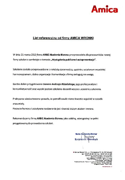 Referencje od AMICA dla Akademii Przemawiania ARBIZ