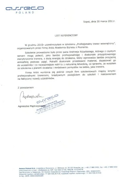 Referencje od ASECCO POLAND dla Andrzeja Rózańskiego Trenera Wystąpień Publicznych Akademii Przemawiania ARBIZ