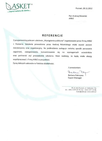 Referencje od ASKET dla Akademii Przemawiania ARBIZ