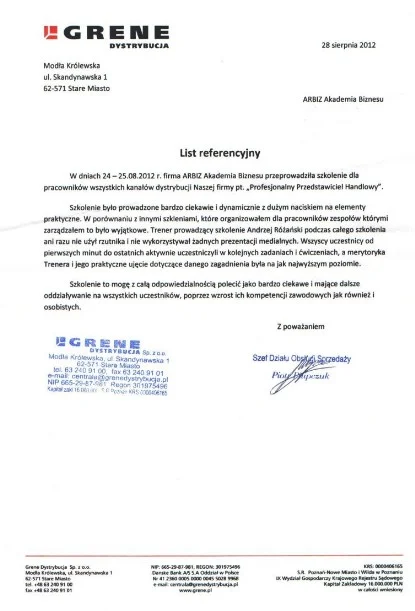 Referencje od GRENE dla Andrzeja Rózańskiego Trenera Wystąpień Publicznych Akademii Przemawiania ARBIZ