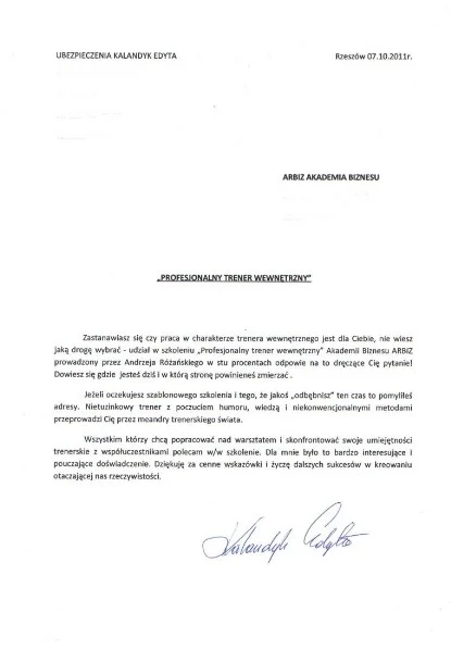 Referencje od Edyta Kalandyk dla Andrzeja Rózańskiego Trenera Wystąpień Publicznych Akademii Przemawiania ARBIZ