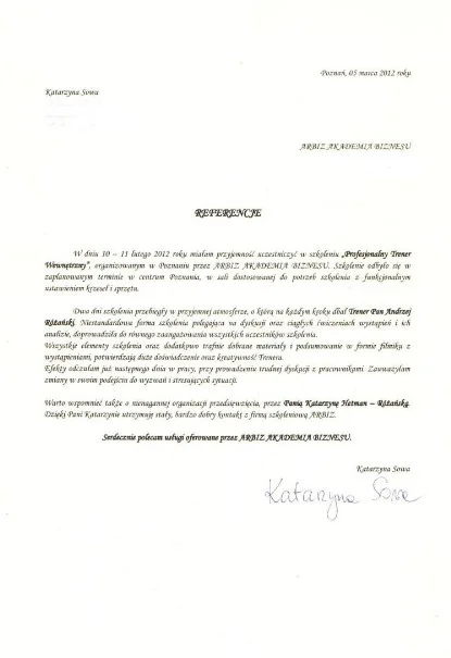 Referencje od Katarzyna Sowa dla Andrzeja Rózańskiego Trenera Wystąpień Publicznych Akademii Przemawiania ARBIZ
