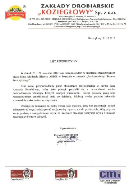 Referencje od Zakłady Drobiarskie Koziegłowy dla Andrzeja Rózańskiego Trenera Wystąpień Publicznych Akademii Przemawiania ARBIZ