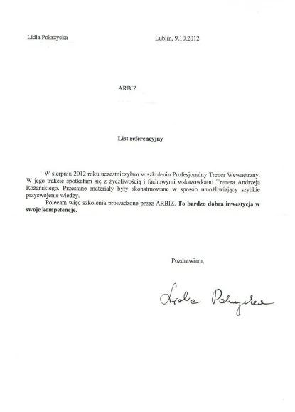 Referencje od Lidia Pokrzycka dla Andrzeja Rózańskiego Trenera Wystąpień Publicznych Akademii Przemawiania ARBIZ