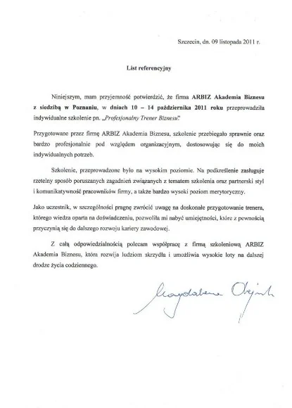 Referencje od Zakłady Drobiarskie Koziegłowy dla Andrzeja Rózańskiego Trenera Wystąpień Publicznych Akademii Przemawiania ARBIZ