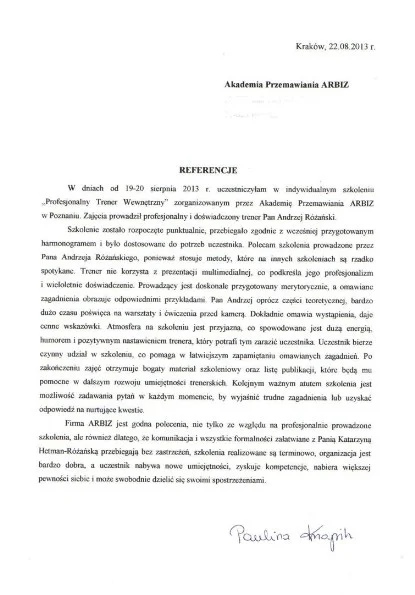 Referencje od Zakłady Drobiarskie Koziegłowy dla Andrzeja Rózańskiego Trenera Wystąpień Publicznych Akademii Przemawiania ARBIZ