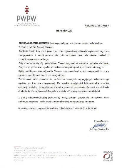 Referencje od Polskiej Wytwórni Papierów Wartościowych dla Andrzeja Rózańskiego Trenera Wystąpień Publicznych Akademii Przemawiania ARBIZ