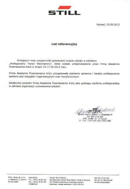 Referencje od STILL Polska dla Andrzeja Rózańskiego Trenera Wystąpień Publicznych Akademii Przemawiania ARBIZ