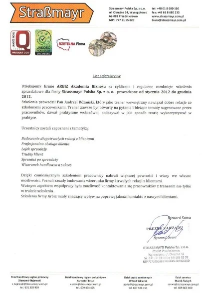 Referencje od STRASSMAYR Polska dla Andrzeja Rózańskiego Trenera Wystąpień Publicznych Akademii Przemawiania ARBIZ