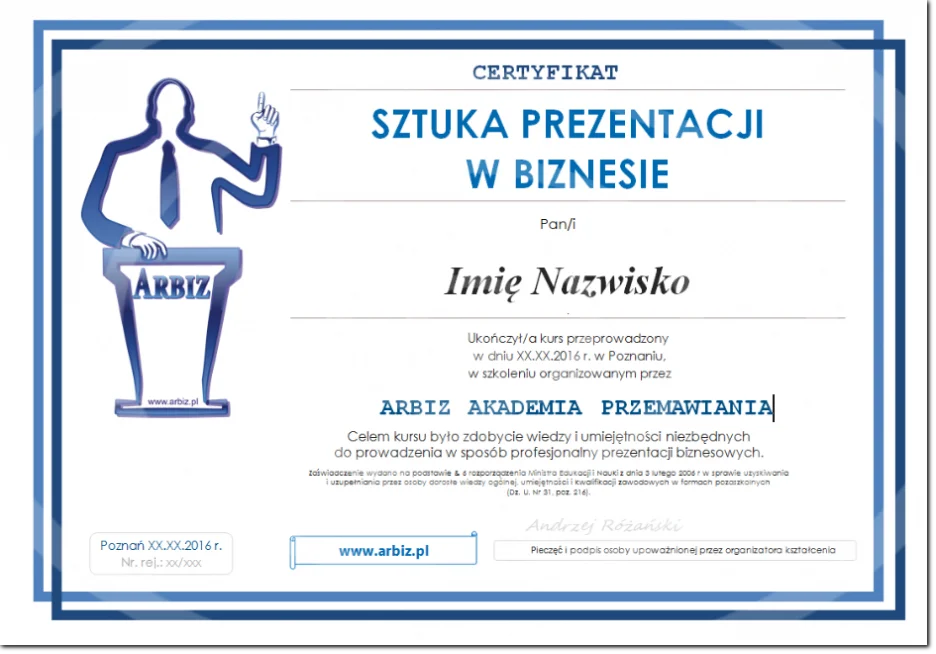 Certyfikat szkolenia "Sztuka prezentacji w biznesie" Certyfkat Sztuka prezentacji