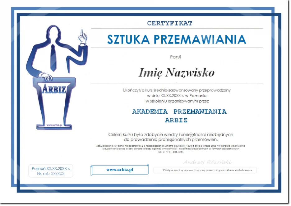 Certyfikat szkolenia mówcy: Sztuka przemawiania Certyfkat mówcy
