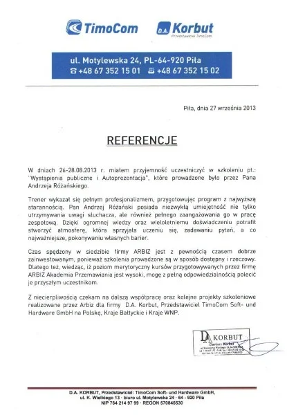 Referencje od TimoCom Dariusz Korbut dla Akademii Przemawiania ARBIZ