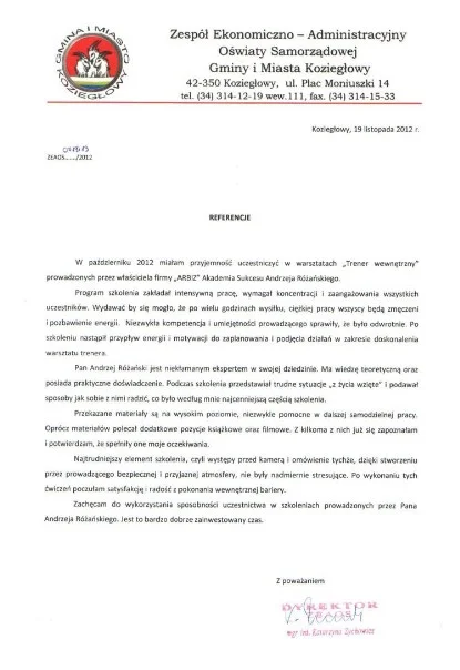 Referencje od Polskiej Wytwórni Papierów Wartościowych dla Andrzeja Rózańskiego Trenera Wystąpień Publicznych Akademii Przemawiania ARBIZ